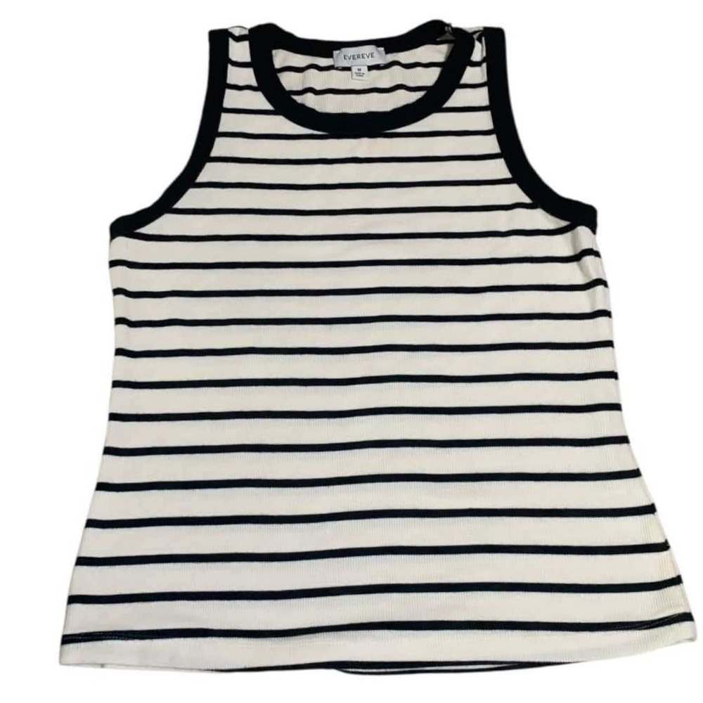 Evereve Tank Top Womens Medium White Black Striped Ribbed Sleeveless Layering